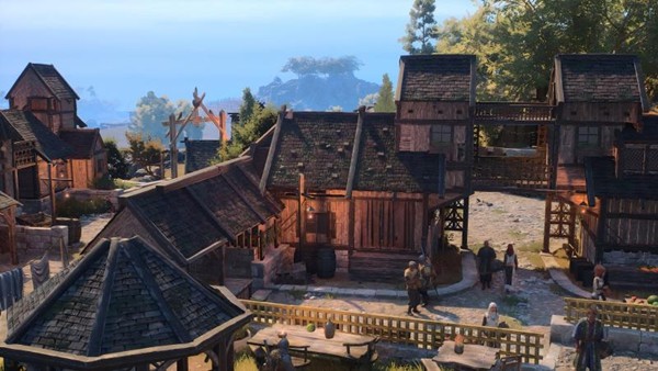 玩家与NPC在小镇街道对话，背景为木结构房屋与飘扬的布旗