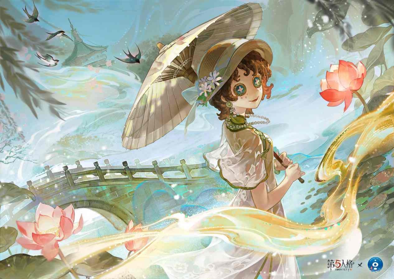 盲女身披金色长裙站在矿洞前，手中提灯照亮彩石，光影交错间凸显其高贵与神秘