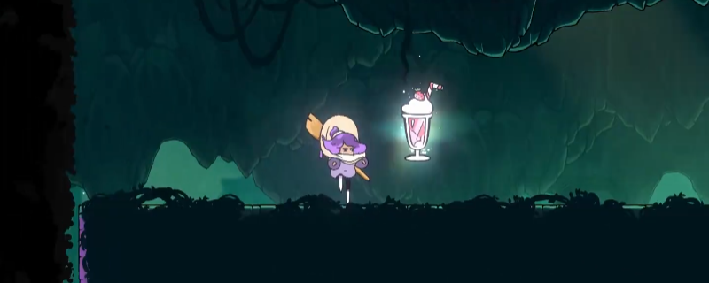 《康斯坦丝》奶昔挑战1关卡场景，角色站在蓝色跳跃平台上，周围漂浮着多个奶昔图标，背景为梦幻风格的糖果色天空