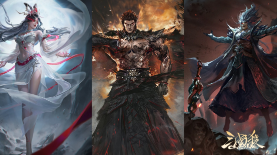 三位魔系武将同框展示图：魔司马懿冷峻凝视、魔吕布挥拳怒吼、魔貂蝉魅影翩跹，背景雷光交织