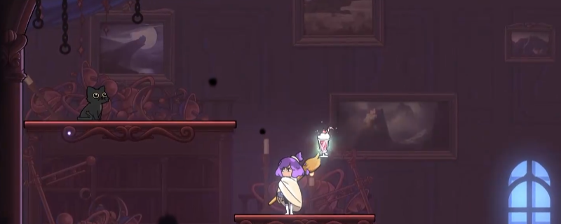 《康斯坦丝》游戏中第一只黑猫所处的隐藏区域场景，昏暗走廊尽头可见一只黑猫蹲坐，周围墙壁布满古老符号