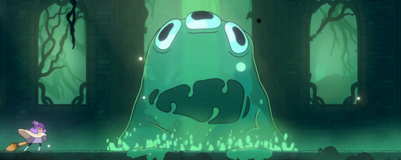 寇巴领主BOSS战斗场景，巨大三眼怪物矗立在废墟中央，周围有可攀爬的石墙，角色正从墙面跳跃躲避其碾压攻击