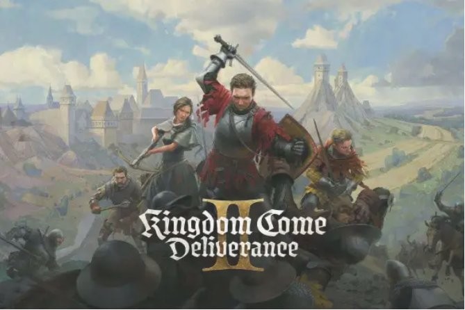 《天国：拯救2》村庄场景画面，石屋林立，雪地覆盖，角色身穿中世纪盔甲行走其中