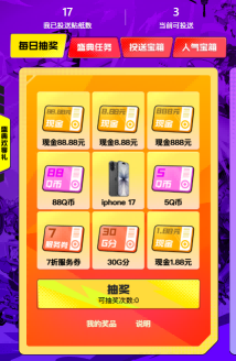 抽奖转盘动画效果展示，指针指向‘iPhone 17’‘888元红包’等奖品区域，营造强烈中奖期待感