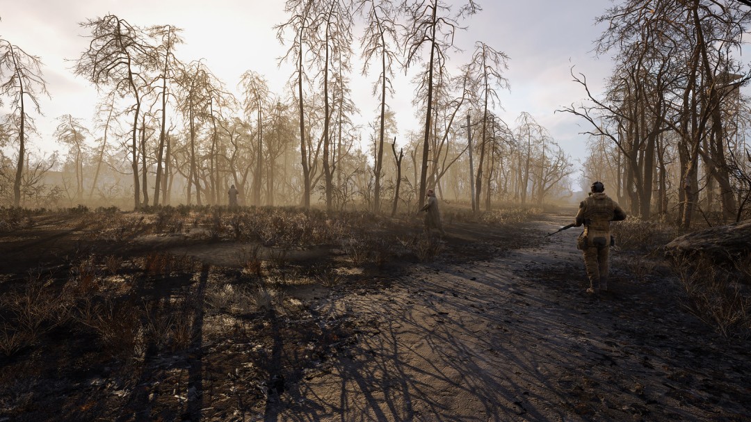 夜晚的枢纽全貌，灯火零星分布，潜行者们围坐交谈，远处传来风声与低频噪音