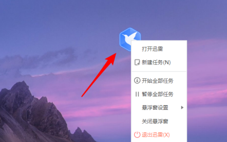 桌面上显示迅雷悬浮窗，右键弹出菜单包含退出选项