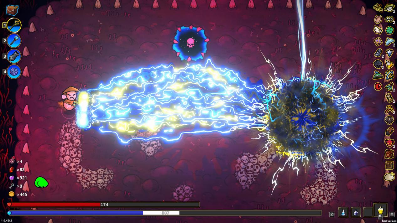 角色身穿【黄老饼套装】从天而降踩踏地面，尘土飞扬间多名小怪被震飞，紧接着释放出数枚旋转的绿色飞弹