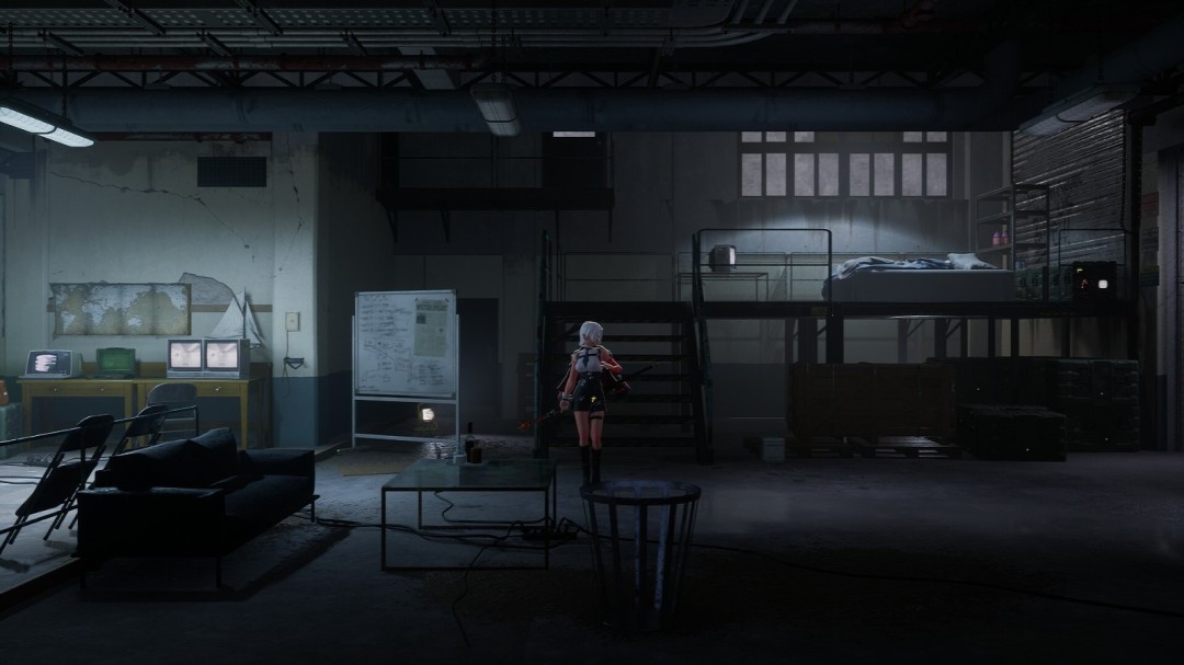 角色手持细长手杖站在屋顶边缘，俯视下方灯火通明的城市，夜风吹起发丝