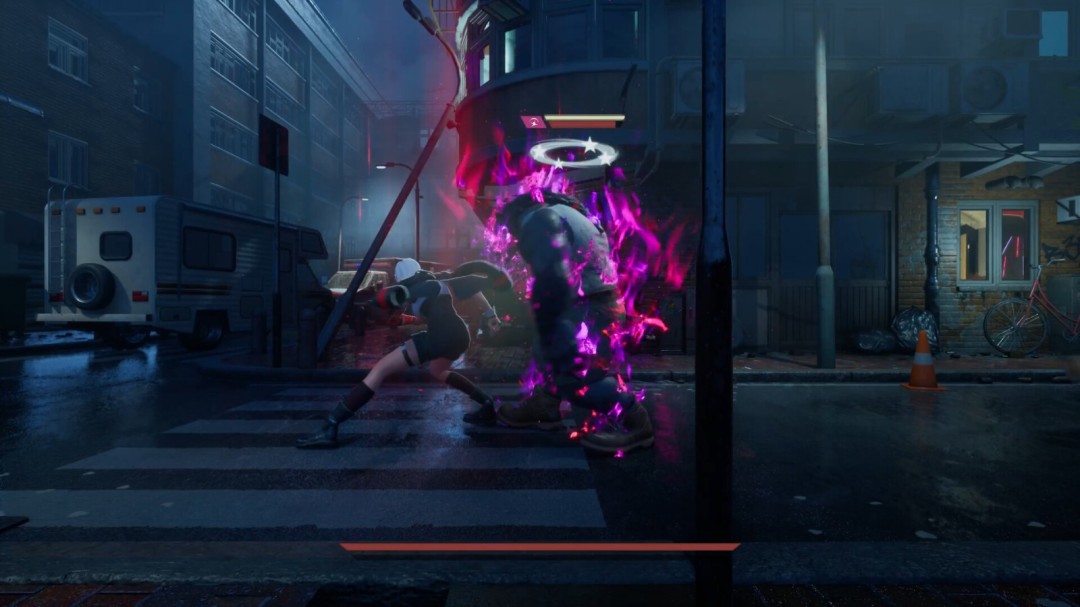 Boss战场景，巨型机械魔像挥舞巨臂砸向地面，主角腾空跃起躲避