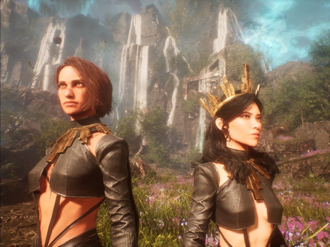 角色侧身站立，非对称裙摆展现修长腿部线条，氛围感十足