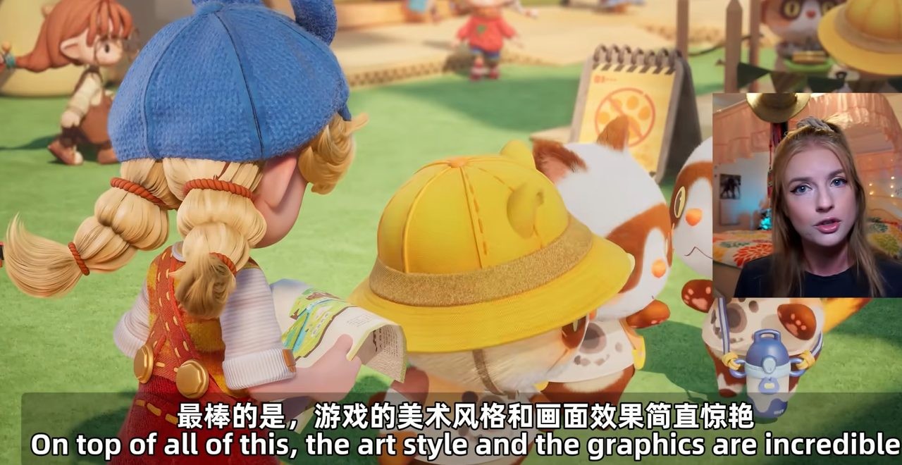 海外博主录制reaction视频的画面，屏幕上正播放《粒粒的小人国》实机演示，博主露出惊喜表情