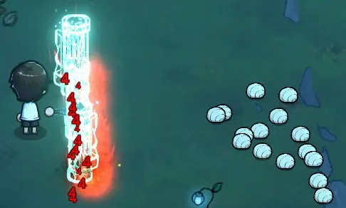 战场上布满光之柱，每根分裂出三道光束对周围敌人造成伤害