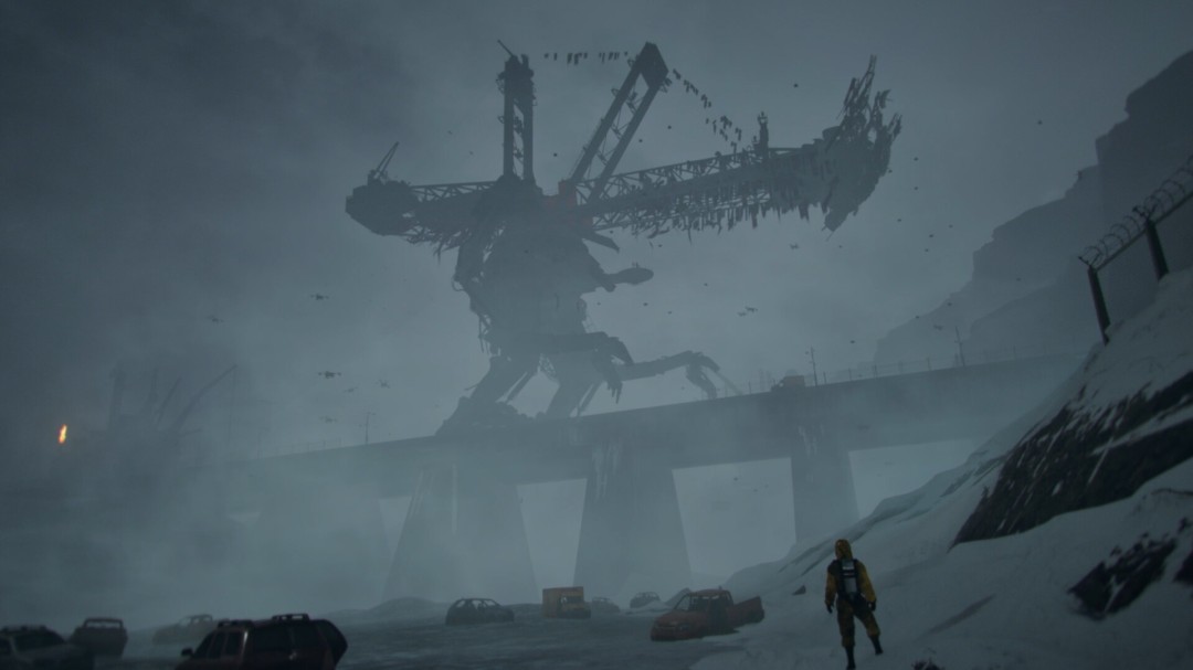 游戏中主角站在废墟城市中央，四周是锈迹斑斑的巨型机械结构和漂浮的残骸，天空呈现诡异的紫红色调