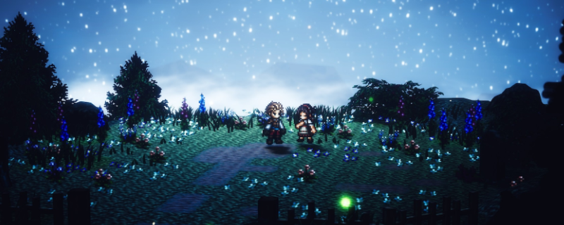 《歧路旅人0》中角色在河道区域探索蓝色宝箱的场景，周围为像素风格的河岸地貌与植被