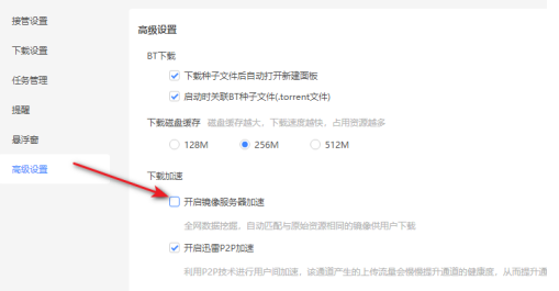 迅雷高级设置右侧界面，‘开启镜像服务器加速’选项前的小方框已被打钩选中