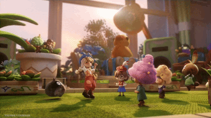 玩家与粒粒互动场景，展示角色共同喝茶、晒太阳的温馨画面