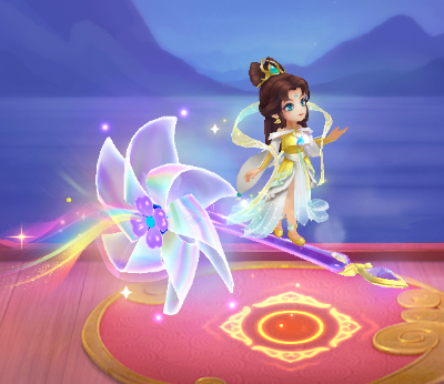 炫彩风车坐骑展示动画截图，四叶风车高速旋转，散发彩虹色粒子轨迹