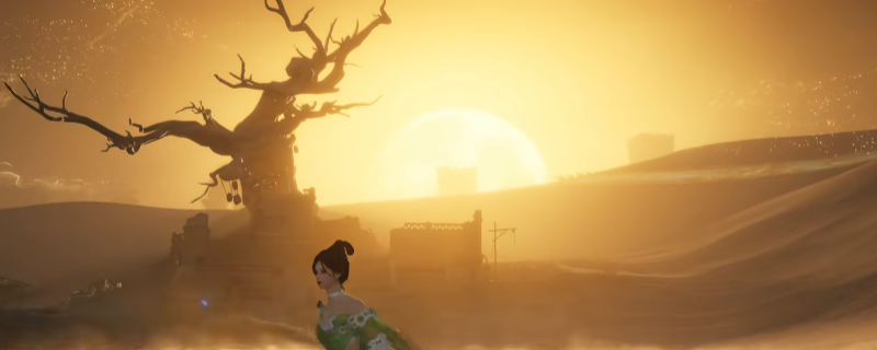 《燕云十六声》河西区域夜景，帷帽女子立于灯火阑珊的集市之中，背景黄沙漫天，远处驼铃隐约可闻，营造出浓厚的边塞孤寂氛围