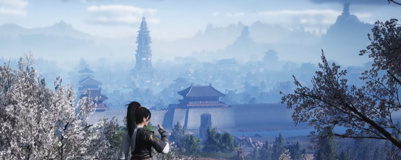 《燕云十六声》开封城全景图，古色古香的街道上人来人往，远处酒楼高挂灯笼，展现出浓厚的市井江湖气息