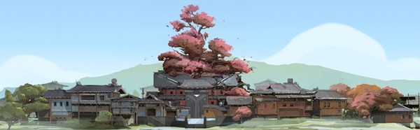 ‘古寨’地图全景视角，木质建筑依山而建，晨雾缭绕，中央大树枝繁叶茂