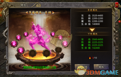 角色界面展示转生等级提升后的属性变化，攻击力与生命值显著增长