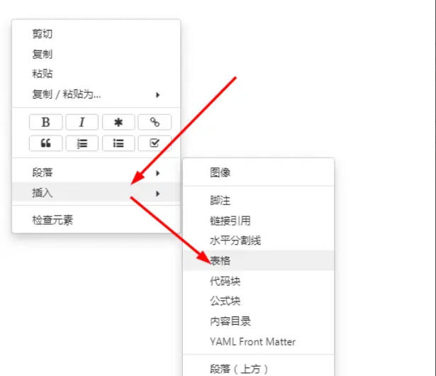 Typora右键菜单展示，箭头指向‘插入’下的‘表格’选项