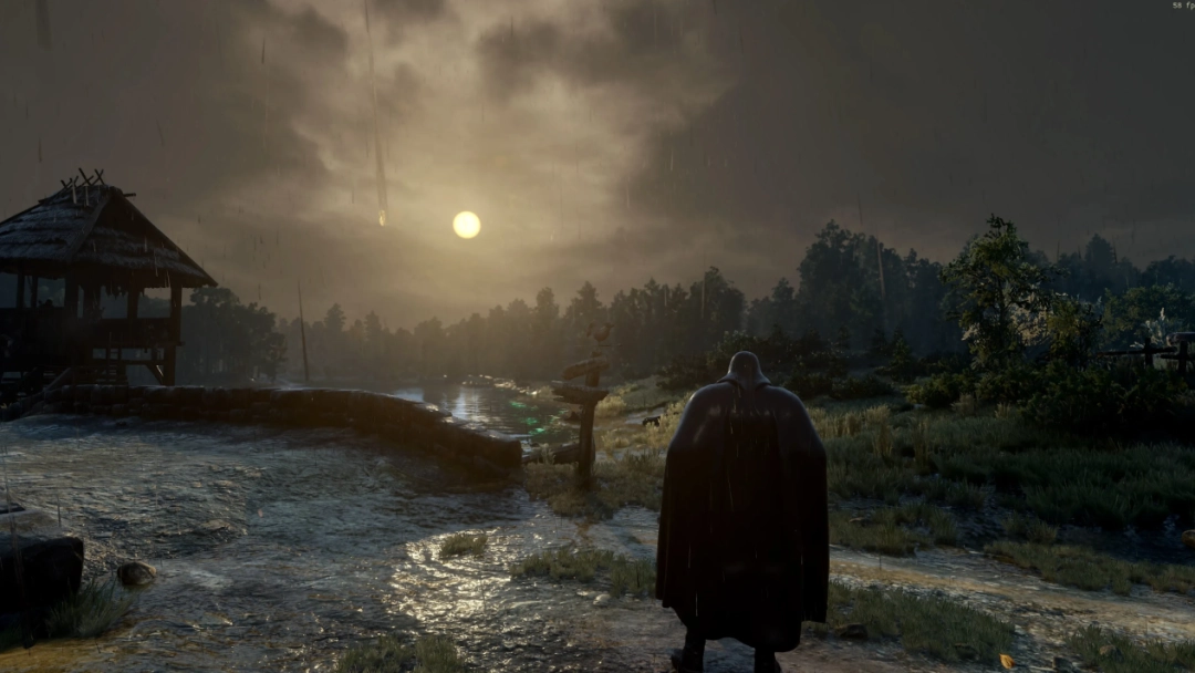 杰洛特站在悬崖边，狂风暴雨中雨水斜向飘落，发丝与披风被淋湿贴附