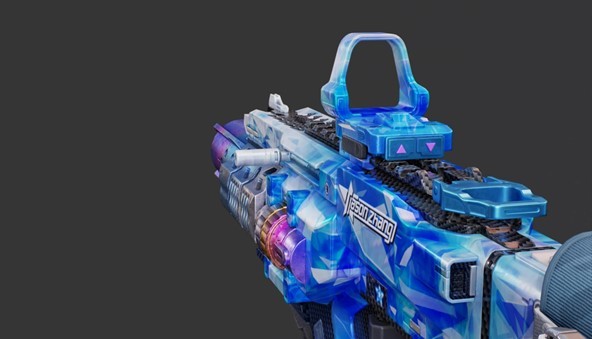 玩家第一人称视角下的【黑克勒45 - 星蓝破晓】，枪械细节清晰可见，晶石材质在光照下闪烁星光，特效华丽