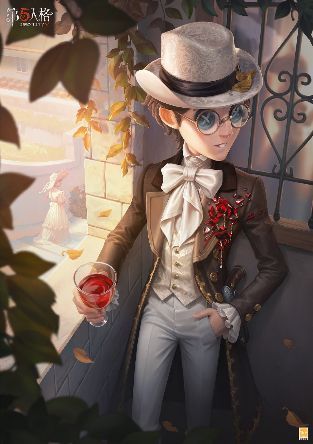 律师维特身穿华服站在窗边，手握红酒杯，阳光透过窗户洒入，神情落寞而深情