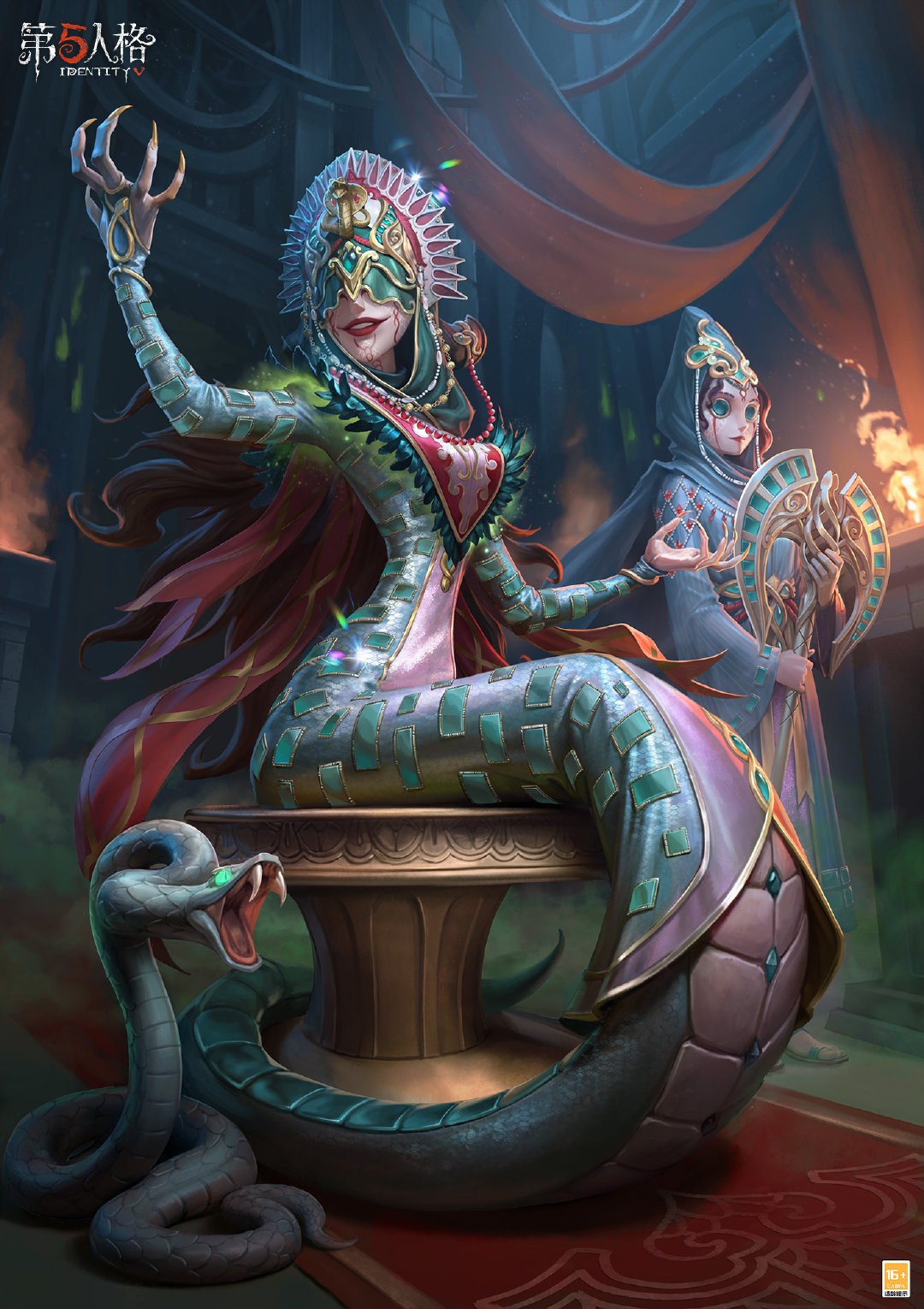 梦之女巫蛇蝎美人身穿金色镶边长裙，佩戴繁复珠宝头饰，信徒持斧侍立身旁，氛围庄重神秘