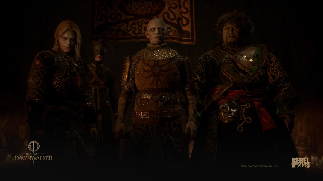 主角科恩在废墟中与神秘女性角色对话，周围散落着刻有古老符文的石柱