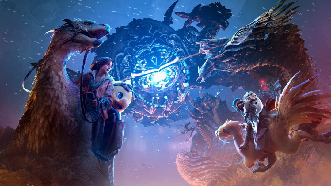 制作人辻本良三出现在新年致辞视频中的画面，背景为《怪物猎人》系列经典LOGO