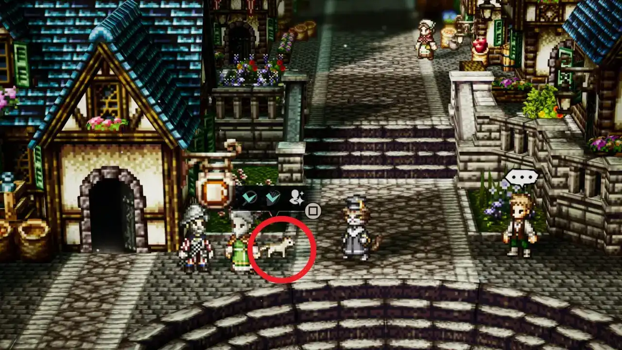 夜晚的家园庭院中，一名角色蹲下与一只眼神睿智的黑猫对话，猫爪前摆放着一张泛黄的信纸碎片