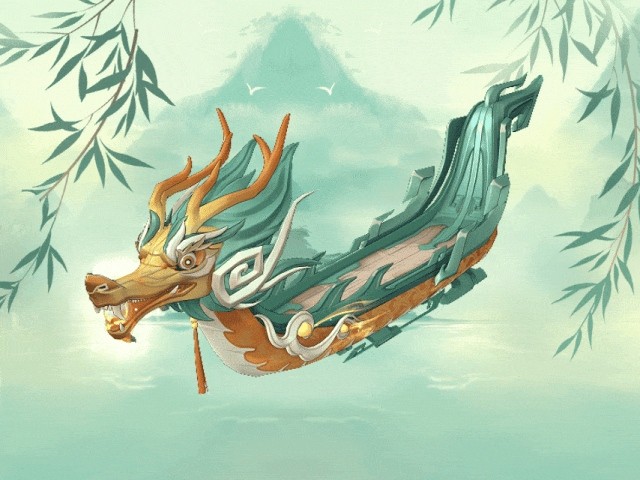 【青玉龙舟】腾空而起，龙头昂扬，周身环绕雷电特效