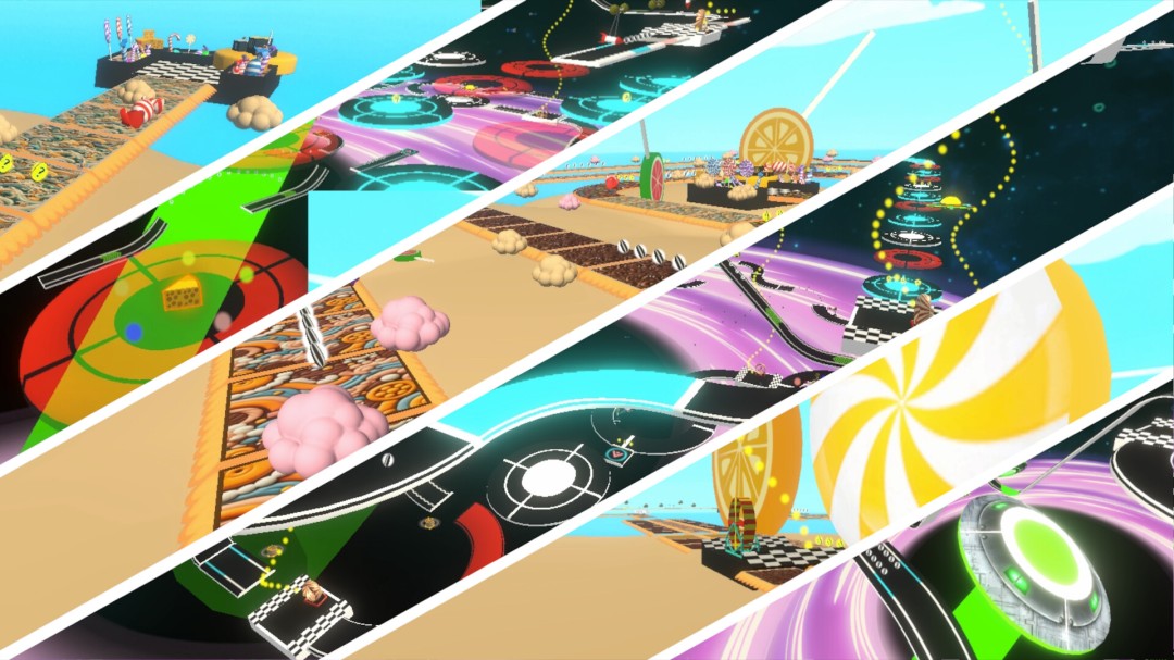 游戏中多人同屏竞技场景，多个不同颜色的仓鼠在高速旋转的轨道上竞速，火花四溅特效绚丽