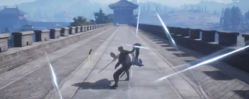 《燕云十六声》鸣金影流派战斗画面，角色挥舞长剑与长枪交替攻击，敌人身上浮现流血与惊神debuff特效