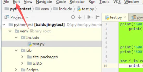 PyCharm菜单栏高亮显示Edit > Macros > Start Macro Recording路径，箭头指示操作流程
