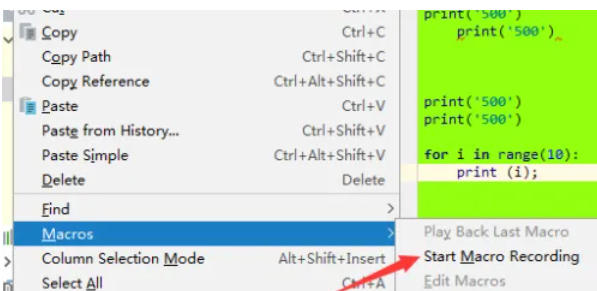 编辑器中正在输入print语句，下方状态栏提示‘Macro Recording’表示录制进行中
