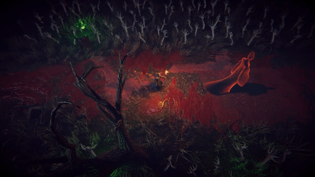 游戏中主角手持桃木剑立于荒坟之间，四周纸钱纷飞，空中雷光闪烁，营造出强烈的驱魔仪式感