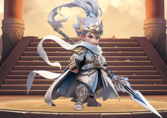 赵云技能界面展示，显示其普攻叠加龙胆状态及技能对竖排敌人造成伤害