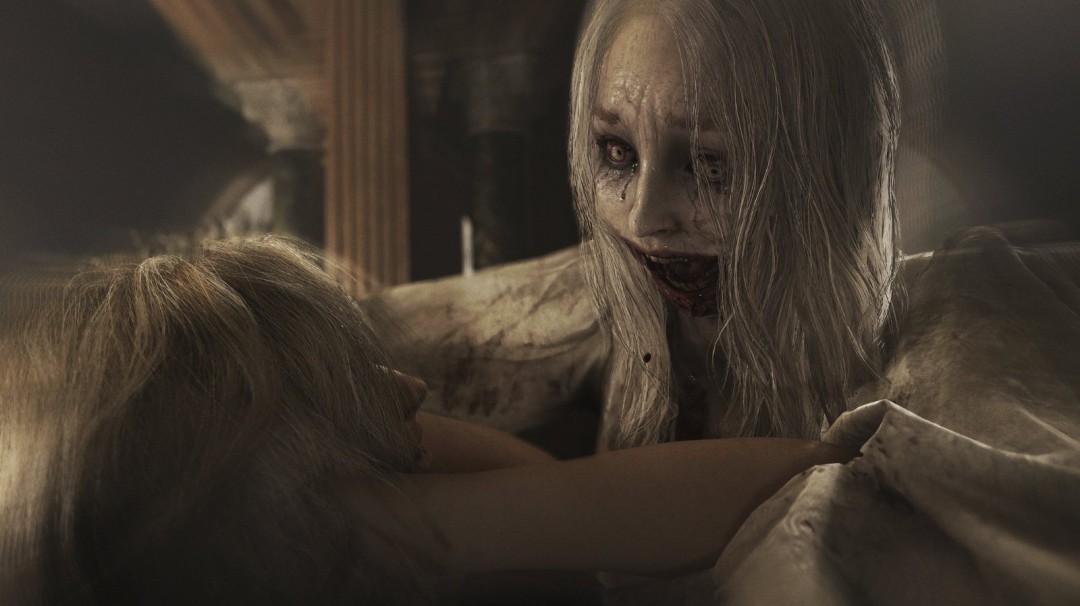 游戏中格蕾丝在昏暗房间中使用墨带录音机存档的画面，周围环境破败，凸显资源稀缺感