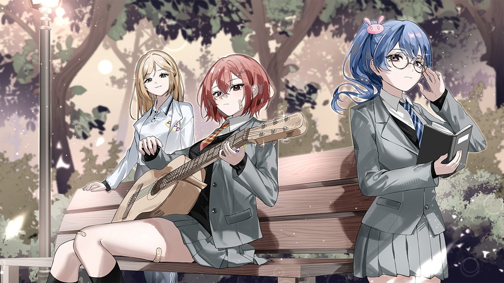 三位女主角角色立绘拼图：左为黑发遮面、抱旧吉他站立的神秘少女；中为制服整齐却眼神游移的青梅竹马；右为手捧乐谱、脸颊微红的元气学妹，背景晕染着不同色调的音波纹样