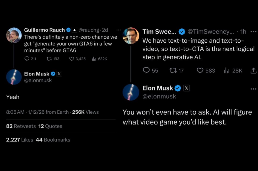 斯威尼与马斯克社交平台对话截图拼接图，左侧为斯威尼发言‘Text-to-GTA is the logical next step’，右侧为马斯克回复‘No prompt needed’配AI神经网络动态可视化动效