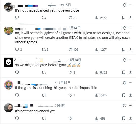 玩家论坛热帖截图，标题为‘My GTA6 AI? More like My GTA6 Wallpaper…’，配图是一张AI生成的炫酷但明显穿模、交通逻辑混乱的迈阿密街景渲染图’