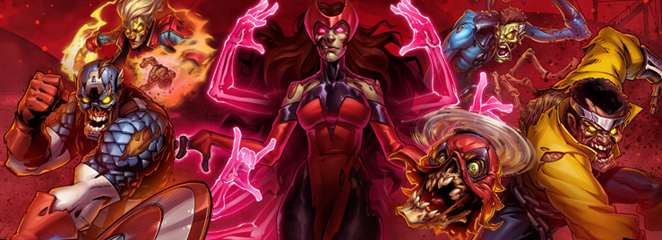 《漫威：终极逆转》S18赛季主视觉海报：灰暗末世天空下，丧尸猩红女巫悬浮于破碎城市上空，脚下蔓延着绿色感染光纹，背景中隐约可见丧尸吞星、惊奇队长等角色剪影，整体色调诡谲而充满张力