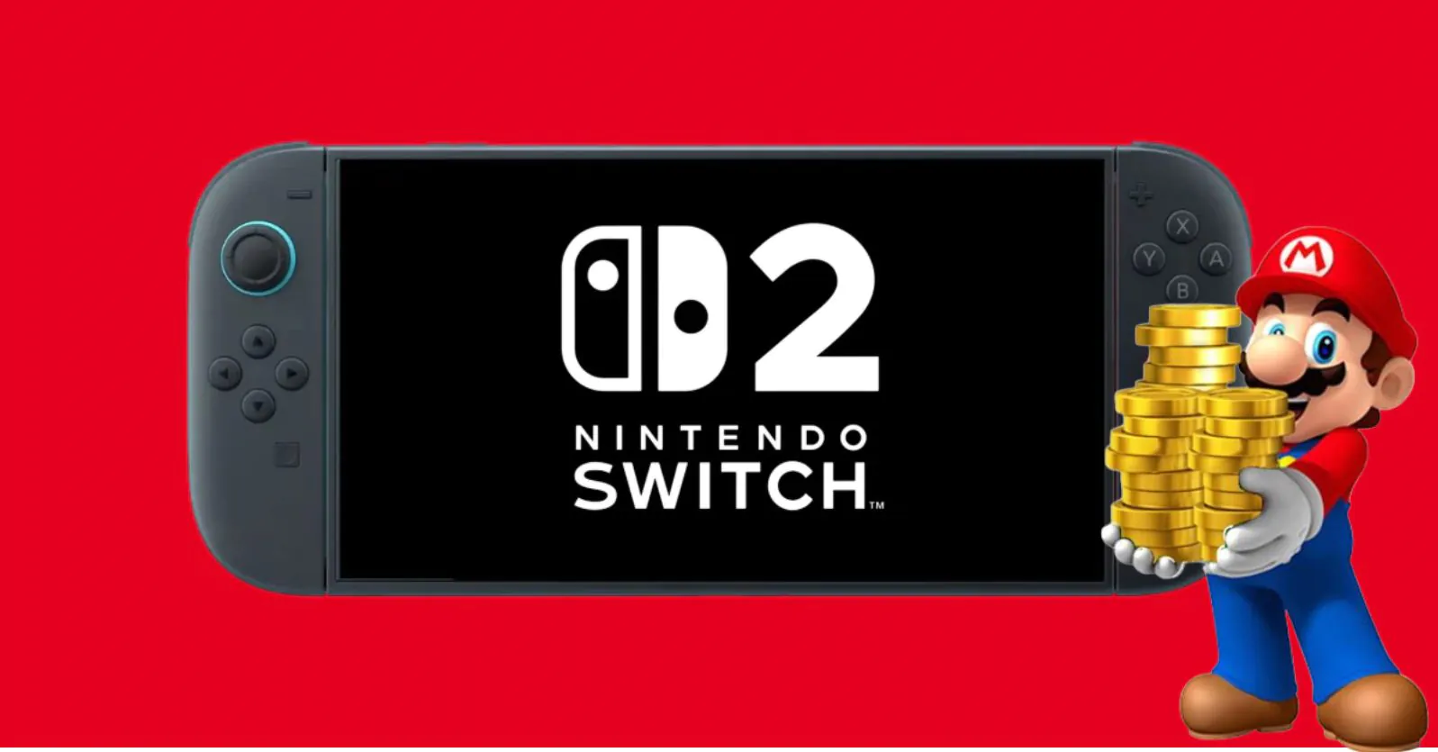 概念图风格渲染图：Switch 2主机置于桌面中央，四周环绕悬浮式游戏封面——《毁灭战士：黑暗时代》《荒野大镖客：救赎2》《生化危机2重制版》《生化危机3重制版》《生化危机4重制版》，整体色调沉稳富有张力