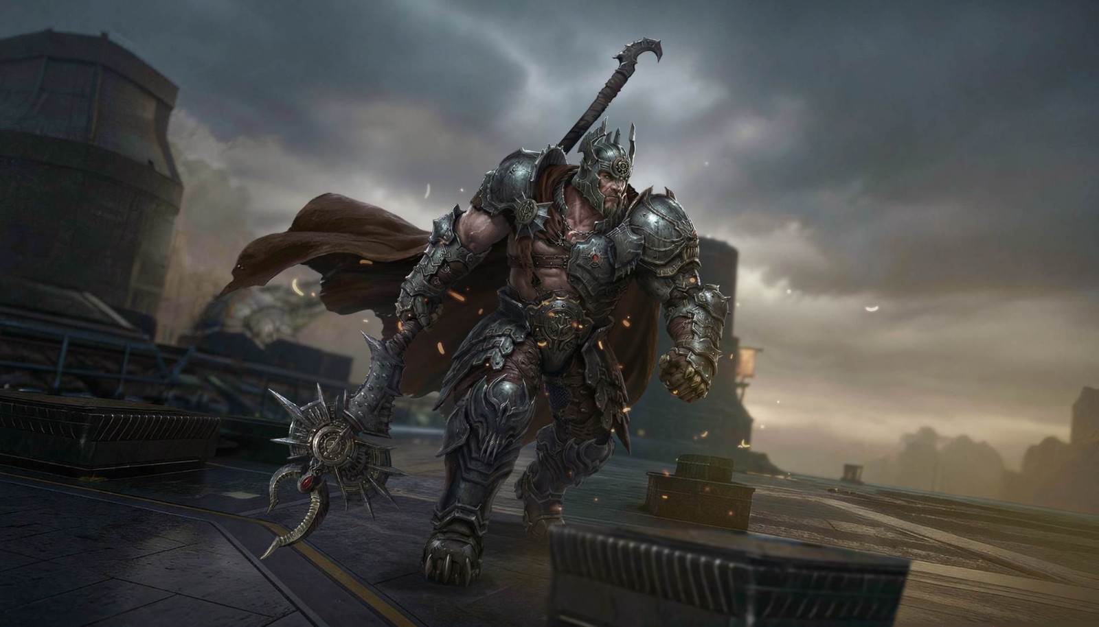 废土风格立绘：诺维克身着磨损战术夹克与机械义肢，手持改装散弹枪傲然伫立，背景为锈蚀管道与猩红警报灯，整体色调冷峻凌厉，凸显其猎手身份