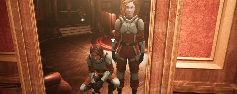 《密室逃脱模拟器2》游戏大厅全景，角色站在中央，地面有微光涟漪，四周墙壁布满抽象涂鸦与闪烁小图标