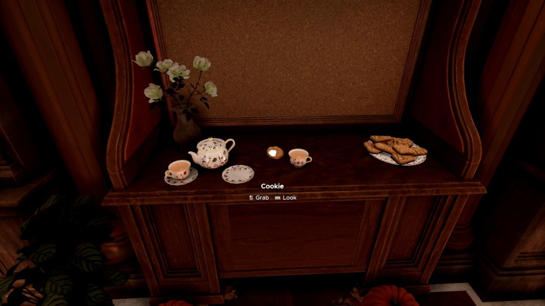 玩家角色手持饼干站立于自助餐台前，手臂微微抬起，饼干正悬停于掌心上方，光影细腻呈现烘焙质感