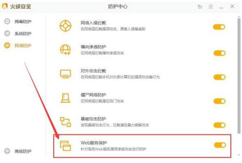 Web服务保护开关特写图，蓝色滑块已移至右侧‘开’位，开关旁显示绿色对勾图标与‘已启用’文字提示